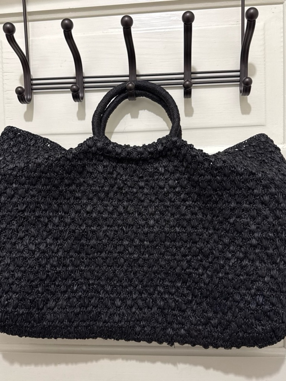 Woven Round-Handle Tote Bag in Black